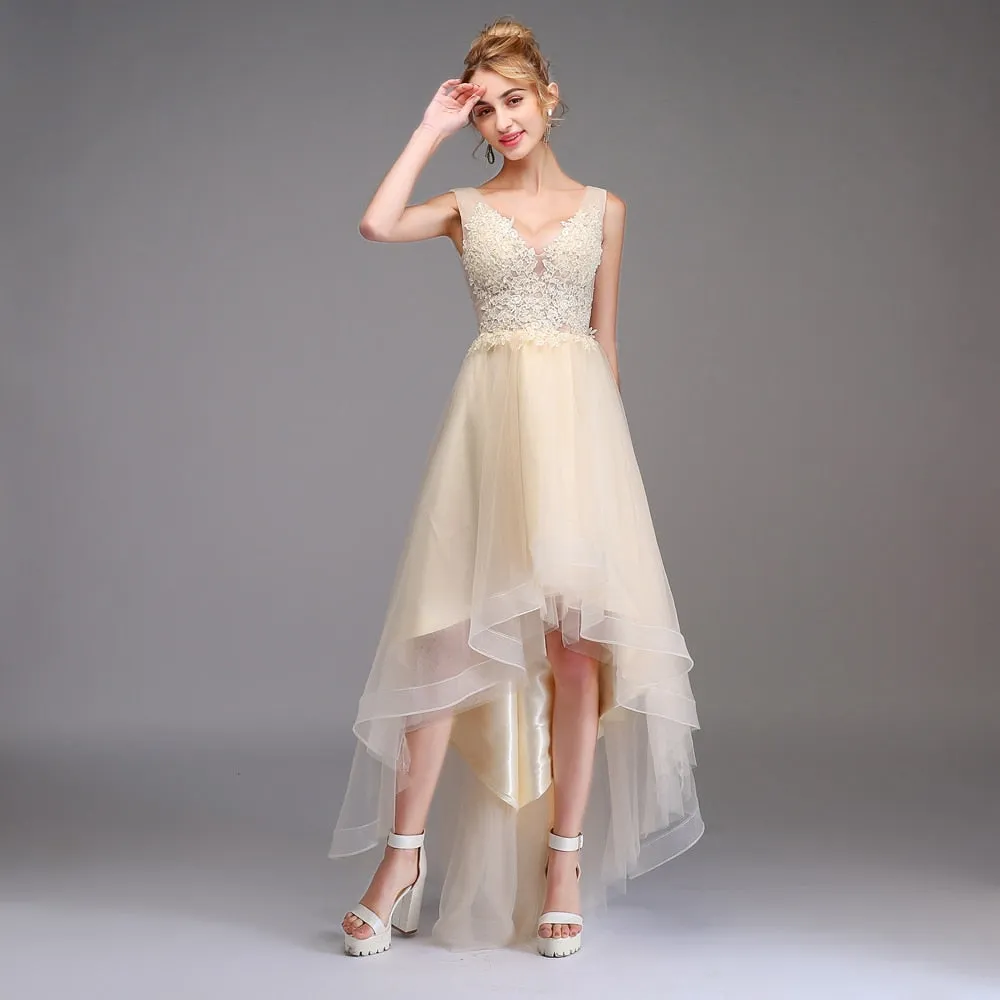 Sexy V-neck Backless Champagne Lace Appliques Asymmetrical