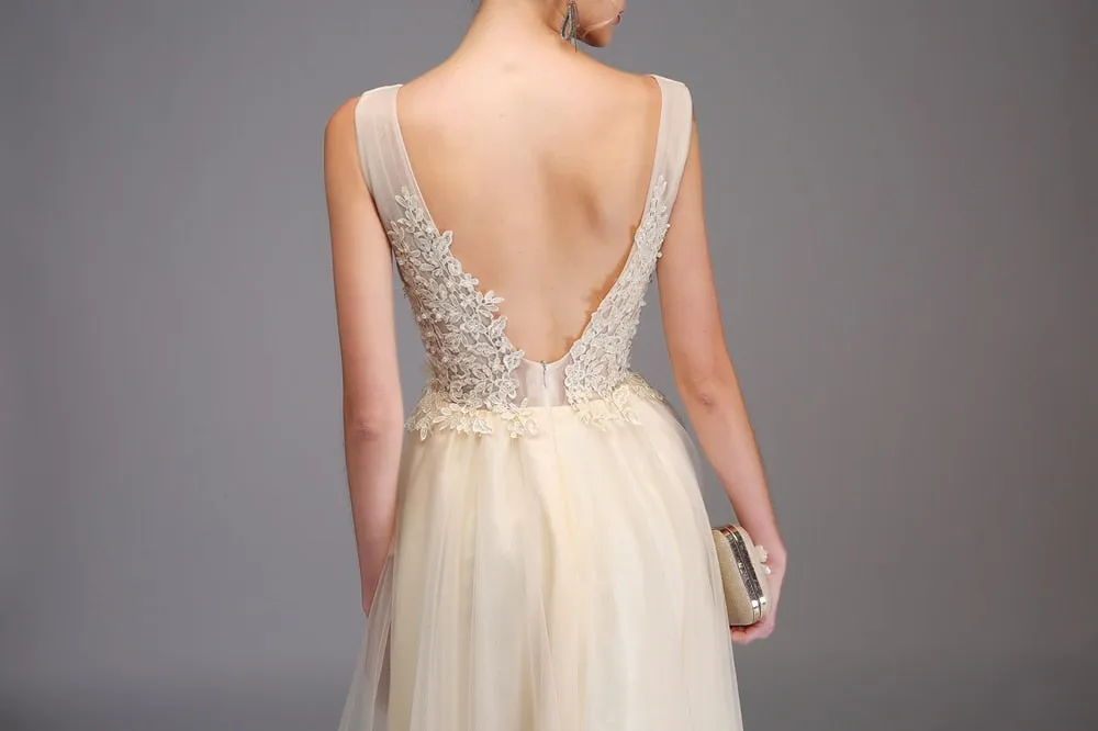 Sexy V-neck Backless Champagne Lace Appliques Asymmetrical