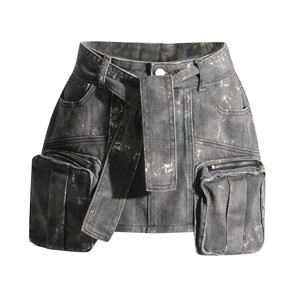 Short A Line Skirts For Women High Waist Short Length Mini Patchwork Lace Up Camouflage Denim Skirt