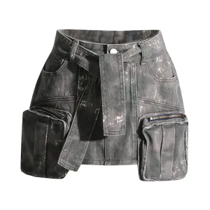 Short A Line Skirts For Women High Waist Short Length Mini Patchwork Lace Up Camouflage Denim Skirt