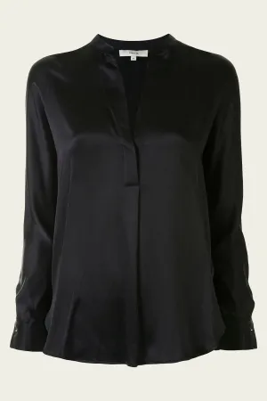 Silk Satin Band-Collar Blouse in Black