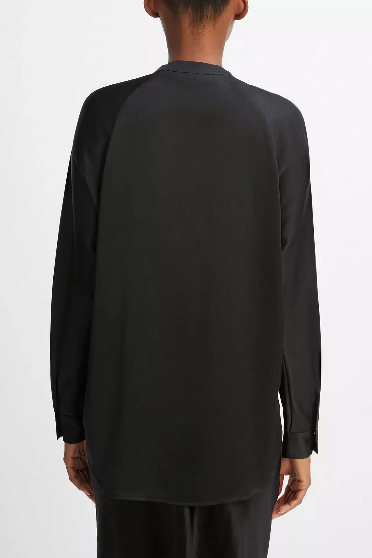 Silk Satin Band-Collar Blouse in Black