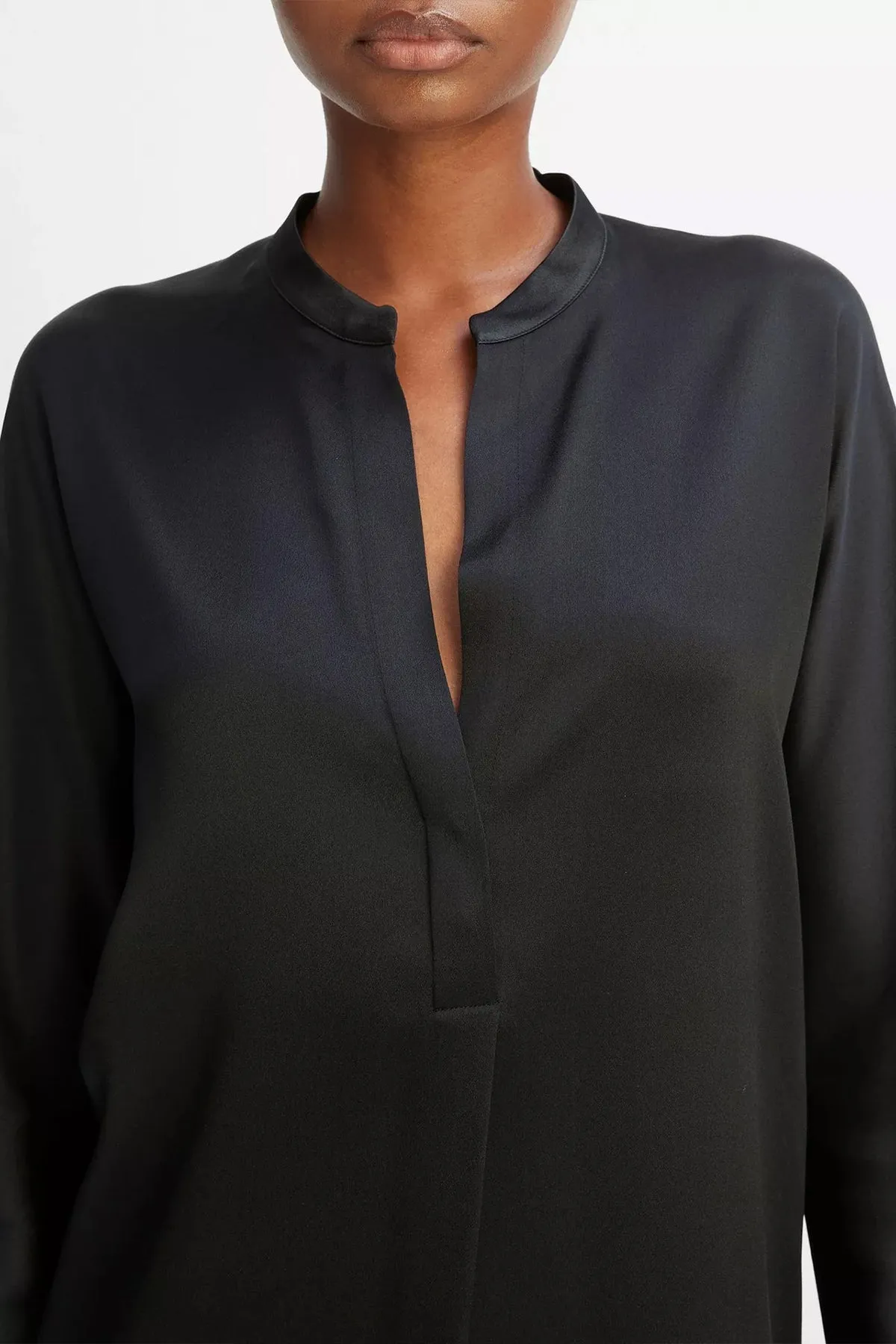 Silk Satin Band-Collar Blouse in Black