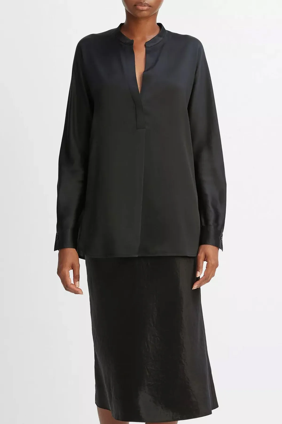 Silk Satin Band-Collar Blouse in Black