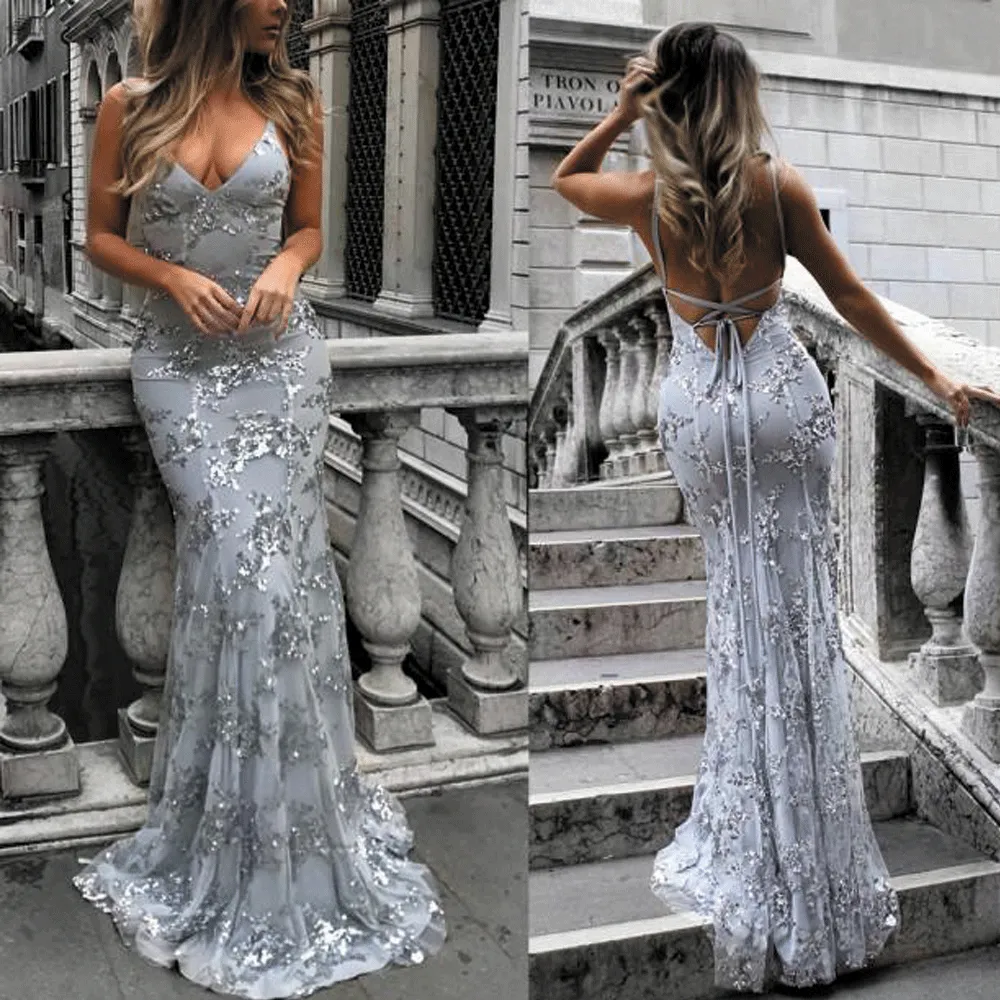 silver sequin evening dresses long mermaid v neck sleeveless sexy formal dresses vestido de longo