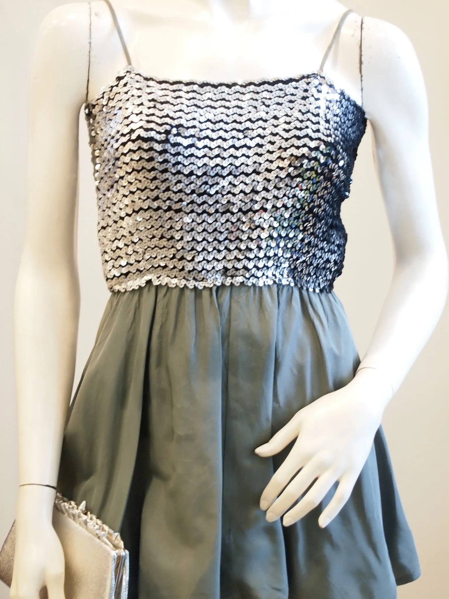 Silver sequin top and grey skirt