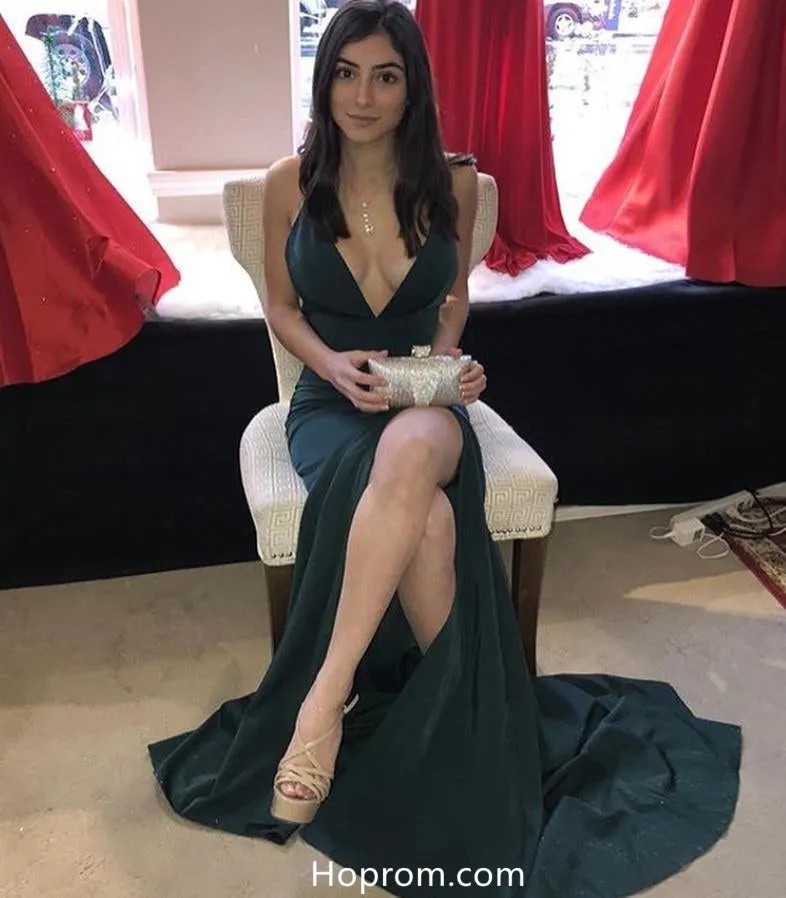 Simple Dark Green Spaghetti Straps Slit Evening Dresses Prom Dresses