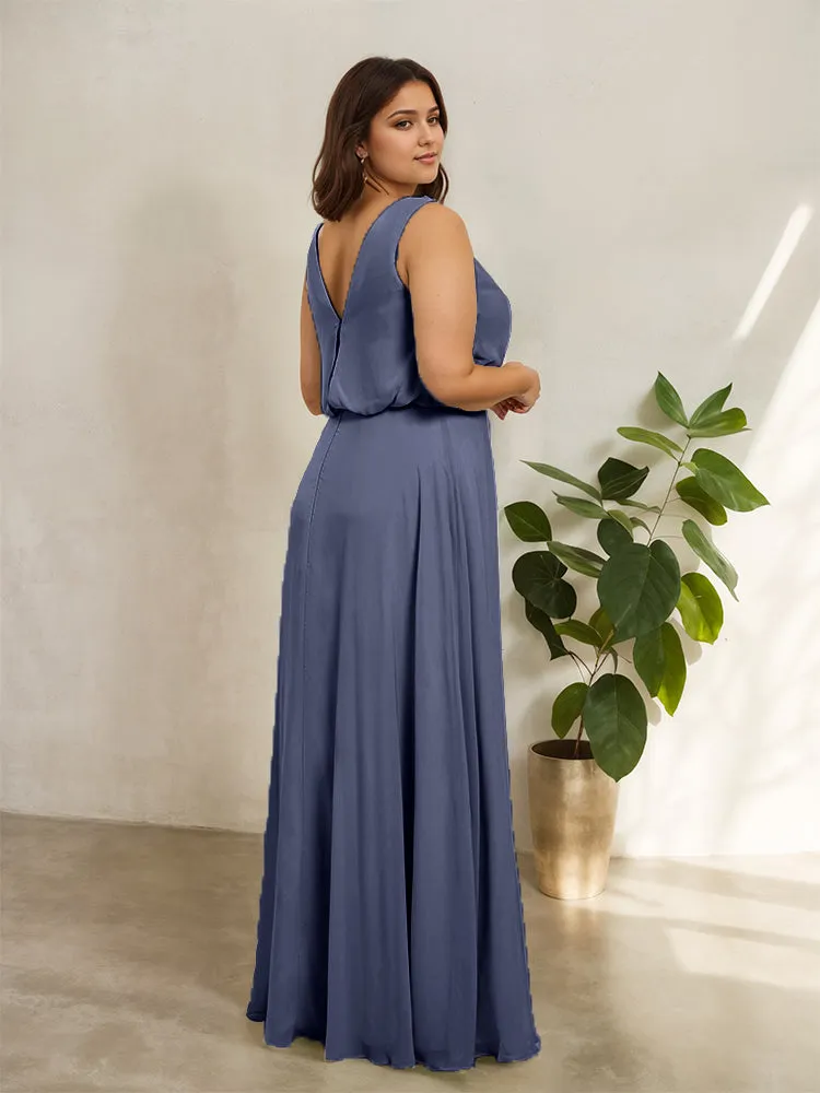 Sleeveless Cowl Neck Chiffon Plus Size Floor Length Bridesmaid Dresses