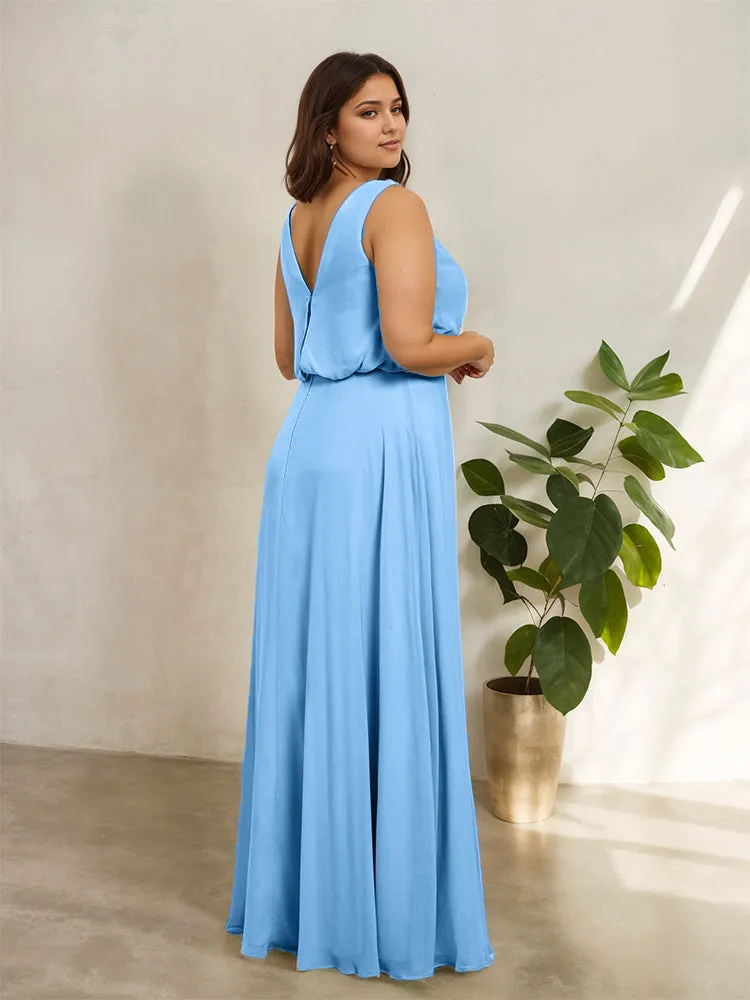 Sleeveless Cowl Neck Chiffon Plus Size Floor Length Bridesmaid Dresses