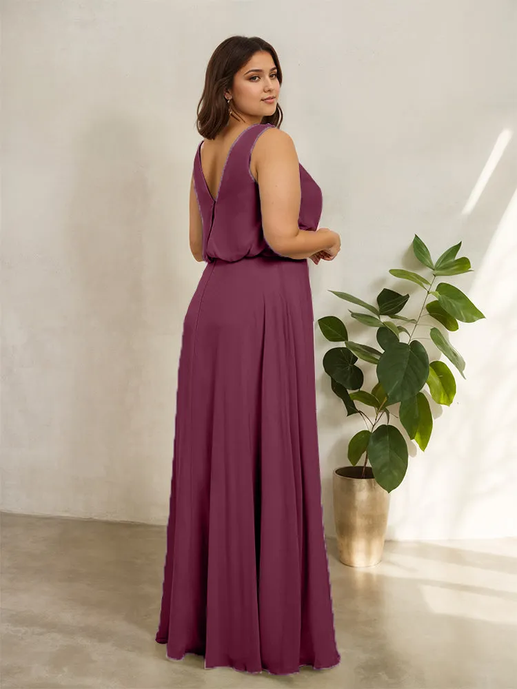 Sleeveless Cowl Neck Chiffon Plus Size Floor Length Bridesmaid Dresses