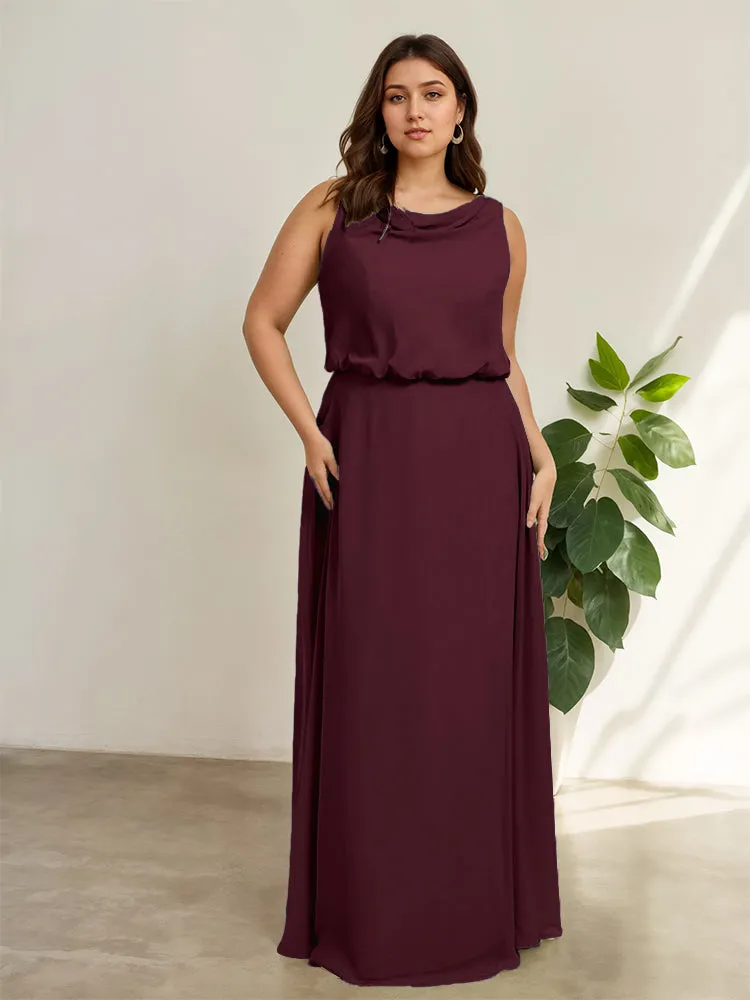 Sleeveless Cowl Neck Chiffon Plus Size Floor Length Bridesmaid Dresses