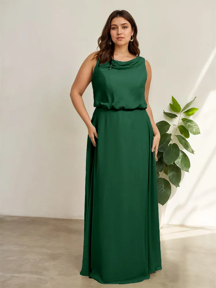 Sleeveless Cowl Neck Chiffon Plus Size Floor Length Bridesmaid Dresses