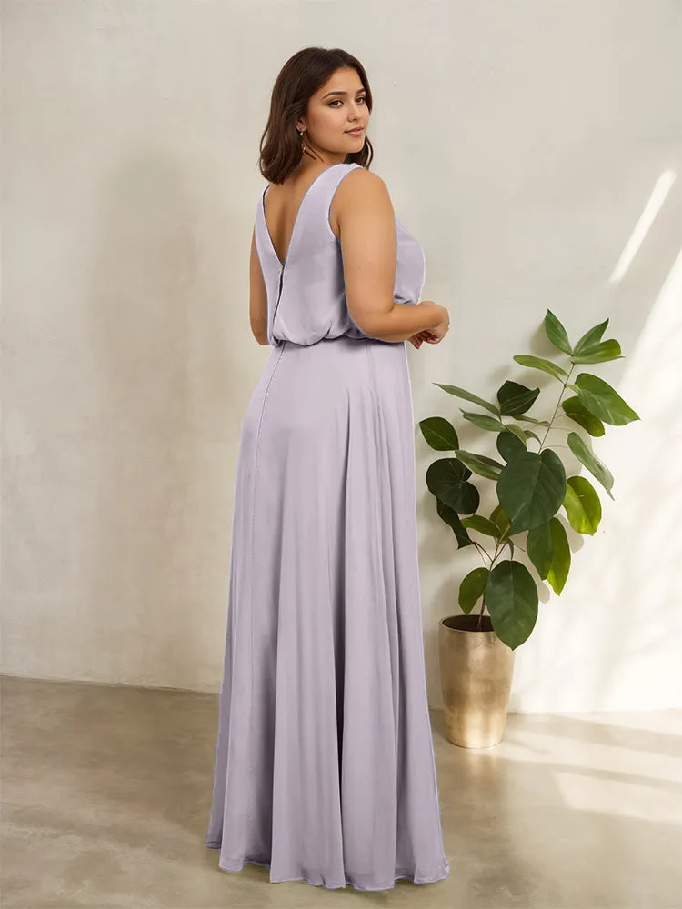 Sleeveless Cowl Neck Chiffon Plus Size Floor Length Bridesmaid Dresses