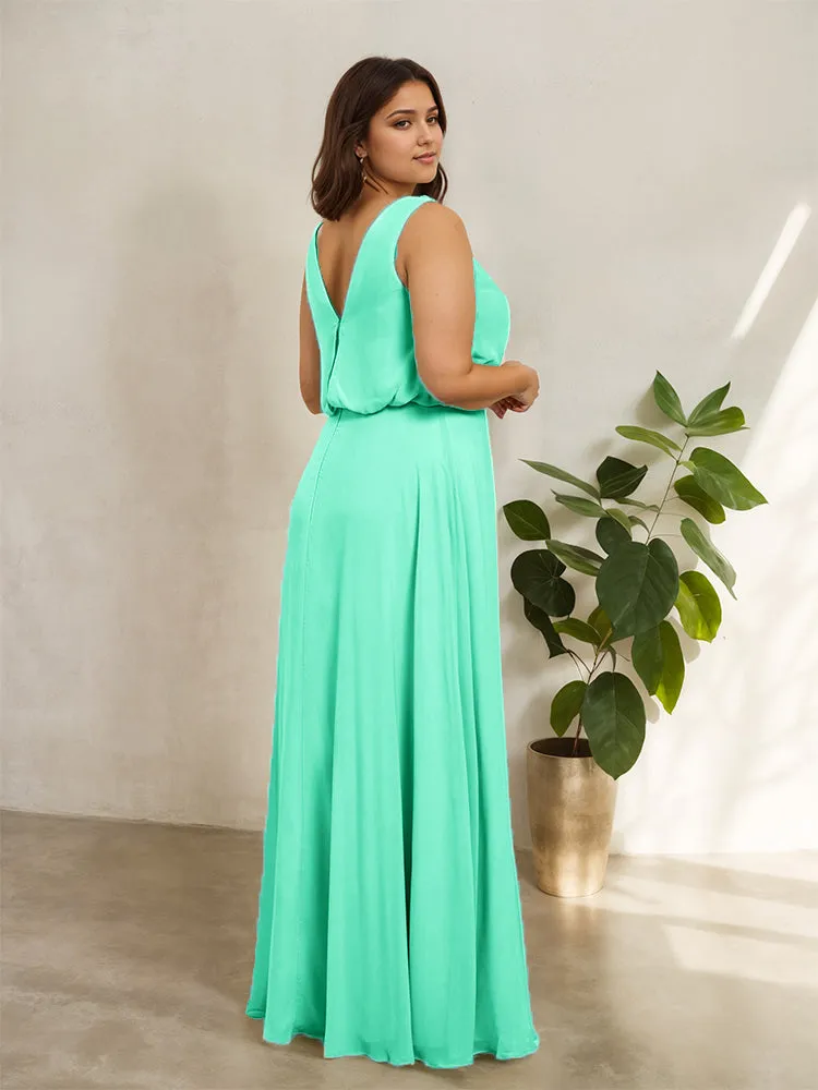 Sleeveless Cowl Neck Chiffon Plus Size Floor Length Bridesmaid Dresses