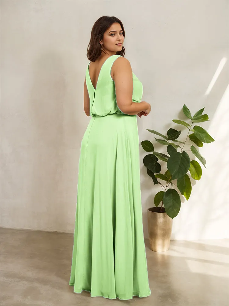 Sleeveless Cowl Neck Chiffon Plus Size Floor Length Bridesmaid Dresses