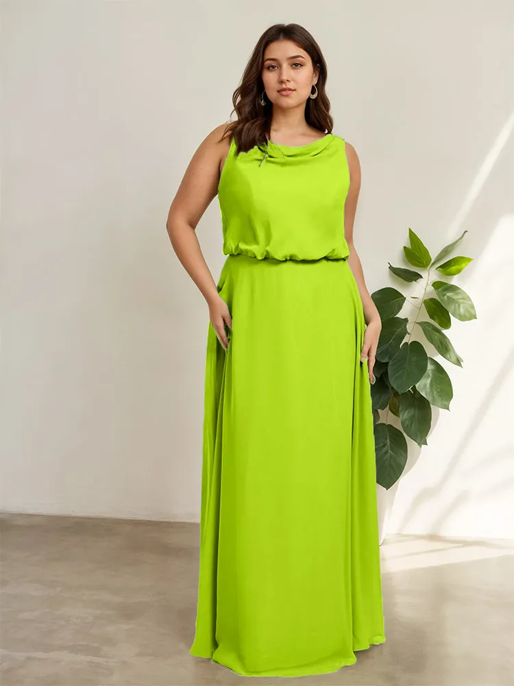 Sleeveless Cowl Neck Chiffon Plus Size Floor Length Bridesmaid Dresses