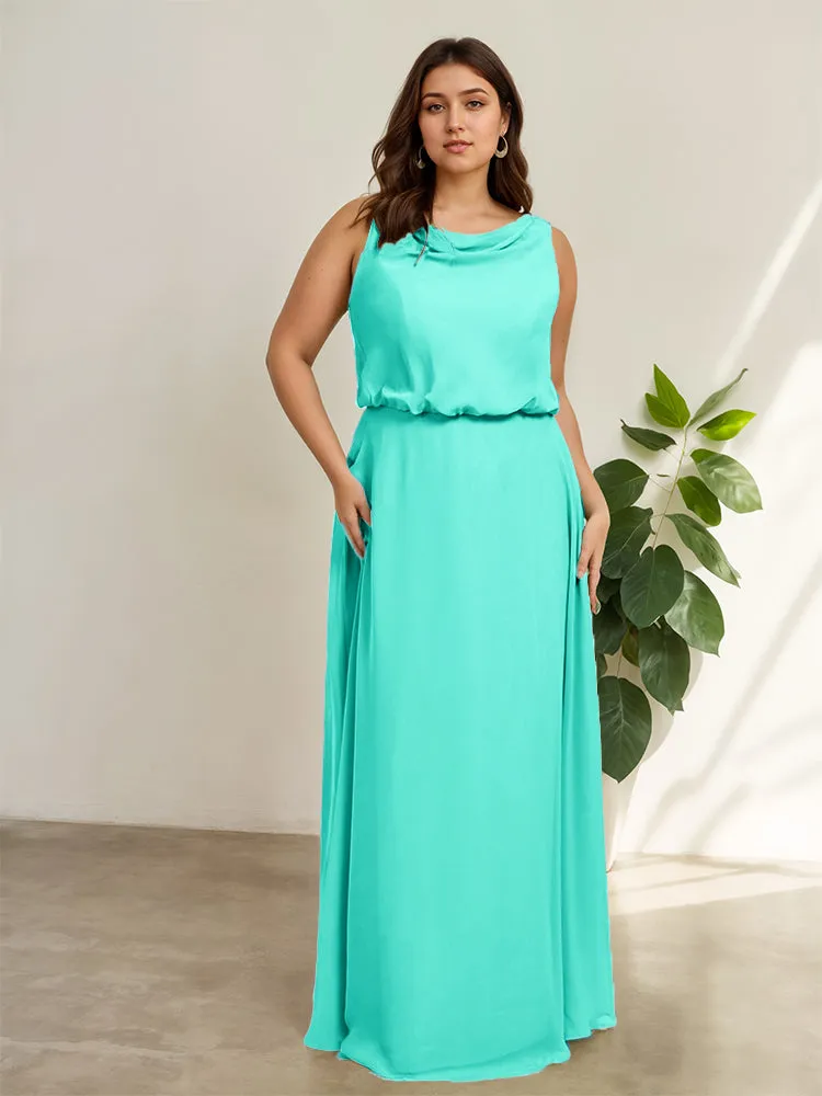 Sleeveless Cowl Neck Chiffon Plus Size Floor Length Bridesmaid Dresses