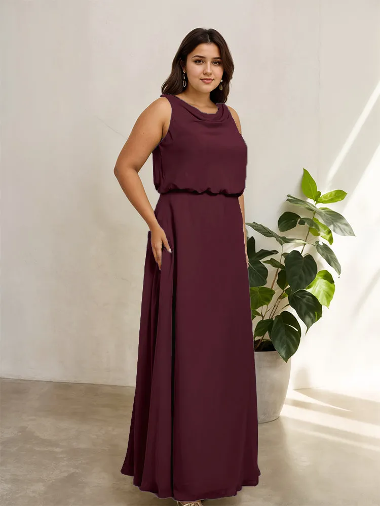 Sleeveless Cowl Neck Chiffon Plus Size Floor Length Bridesmaid Dresses