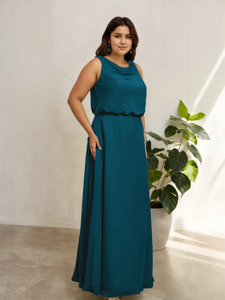 Sleeveless Cowl Neck Chiffon Plus Size Floor Length Bridesmaid Dresses