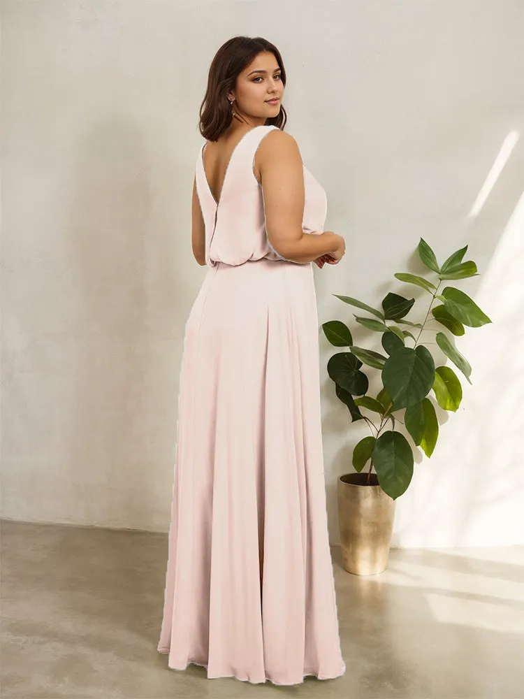 Sleeveless Cowl Neck Chiffon Plus Size Floor Length Bridesmaid Dresses