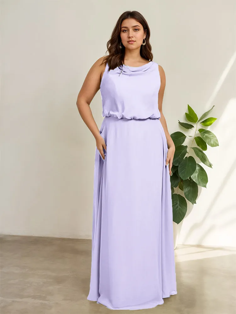 Sleeveless Cowl Neck Chiffon Plus Size Floor Length Bridesmaid Dresses