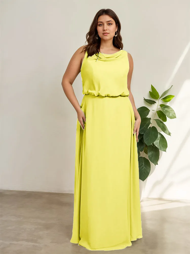 Sleeveless Cowl Neck Chiffon Plus Size Floor Length Bridesmaid Dresses