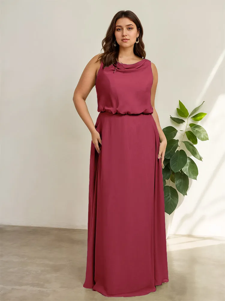Sleeveless Cowl Neck Chiffon Plus Size Floor Length Bridesmaid Dresses