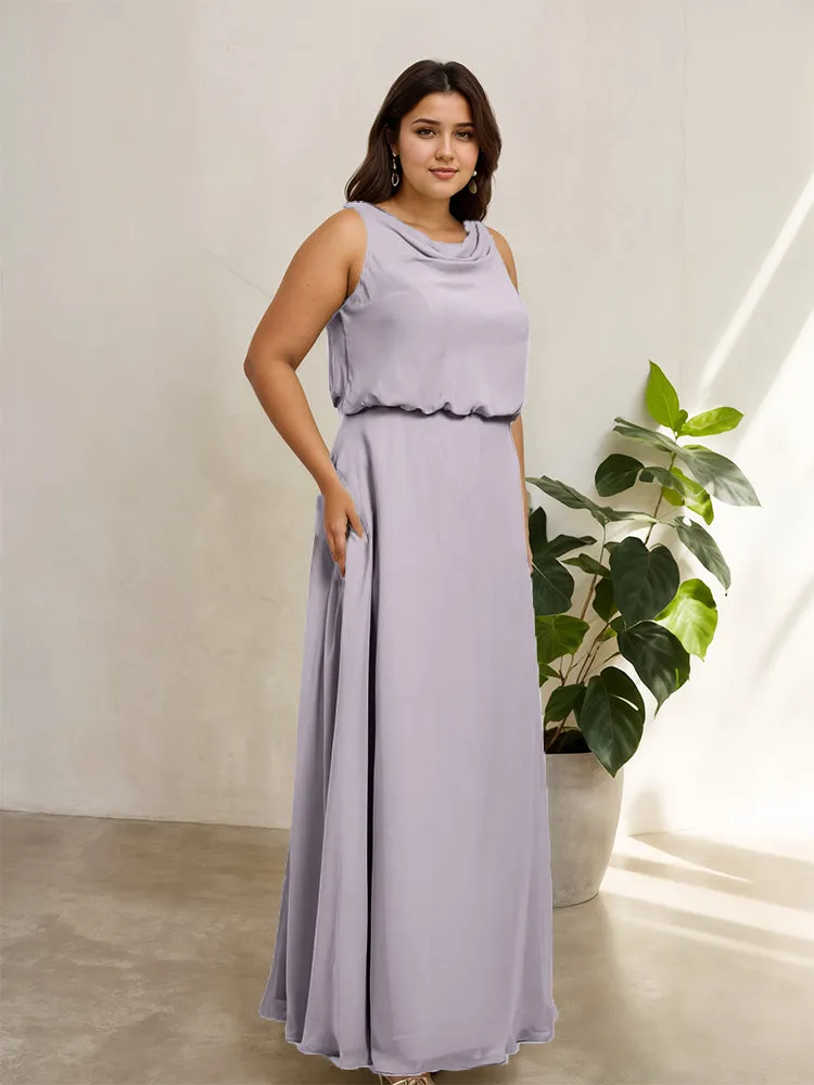 Sleeveless Cowl Neck Chiffon Plus Size Floor Length Bridesmaid Dresses