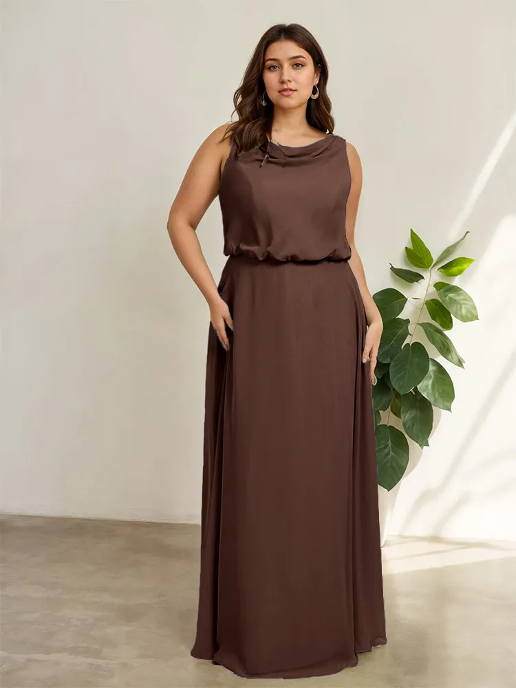 Sleeveless Cowl Neck Chiffon Plus Size Floor Length Bridesmaid Dresses