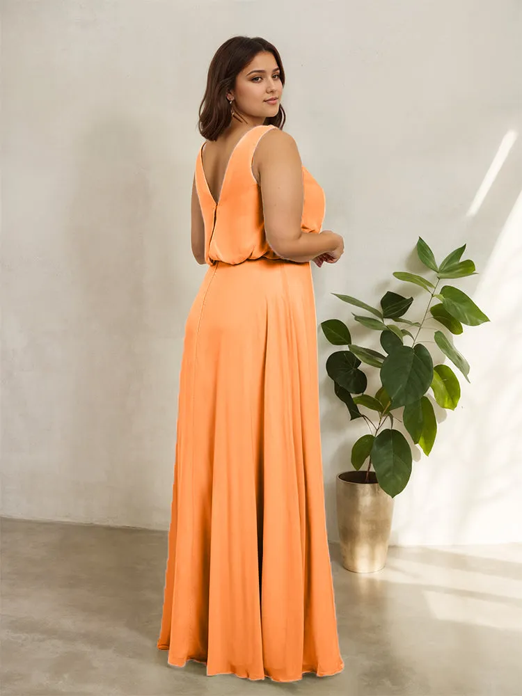 Sleeveless Cowl Neck Chiffon Plus Size Floor Length Bridesmaid Dresses