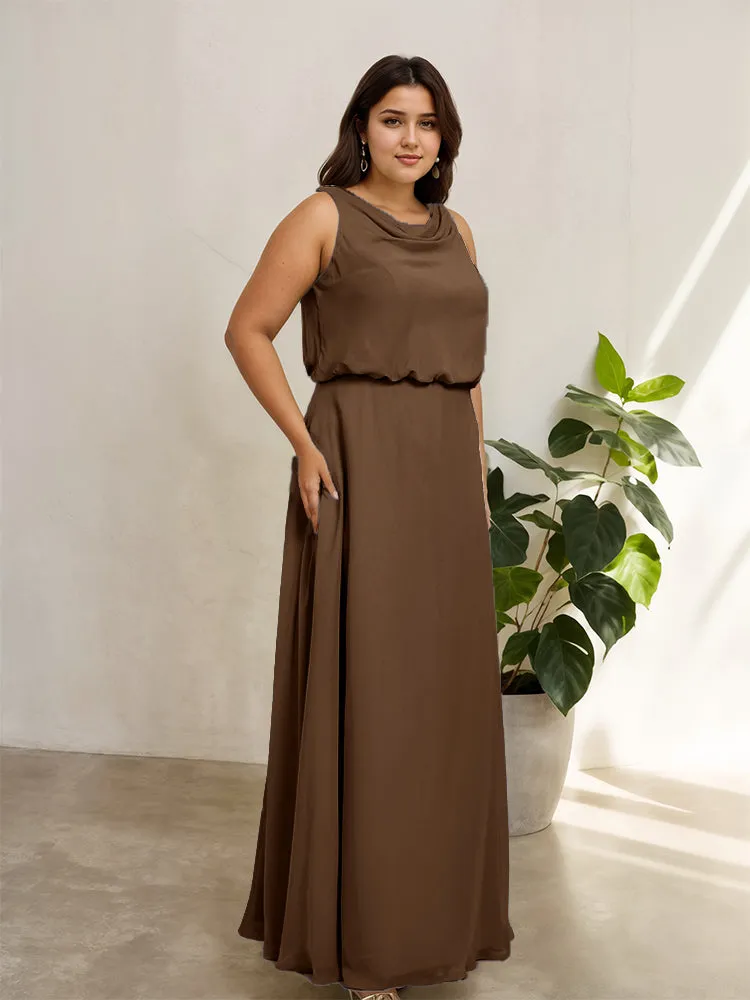 Sleeveless Cowl Neck Chiffon Plus Size Floor Length Bridesmaid Dresses