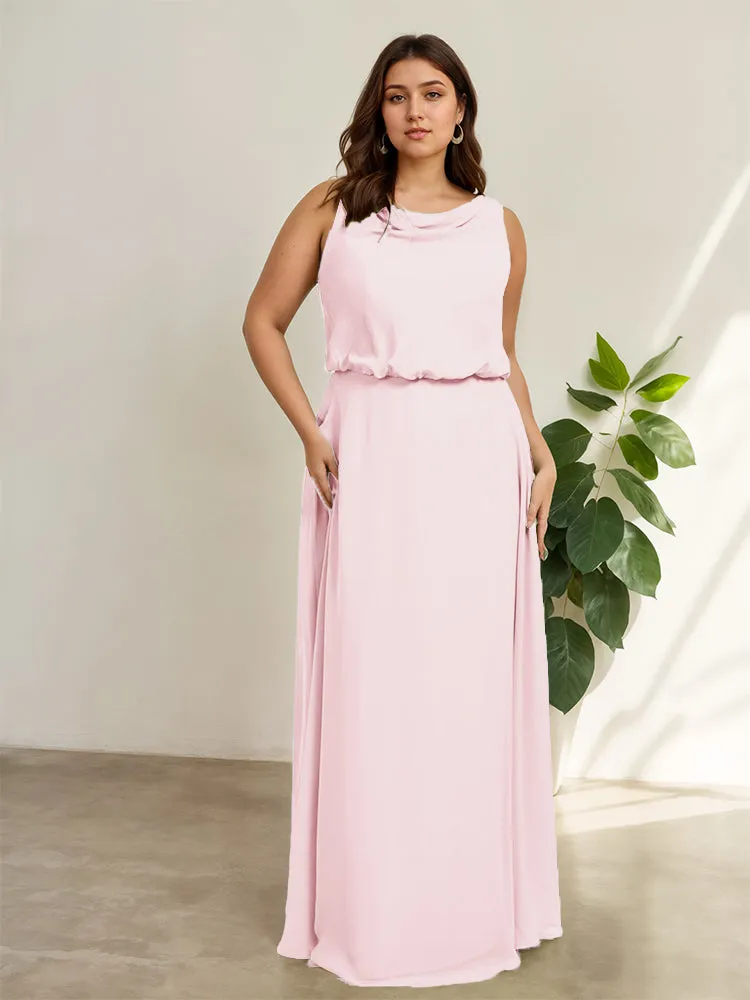 Sleeveless Cowl Neck Chiffon Plus Size Floor Length Bridesmaid Dresses