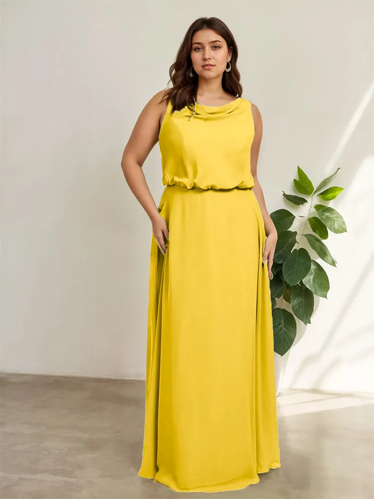 Sleeveless Cowl Neck Chiffon Plus Size Floor Length Bridesmaid Dresses