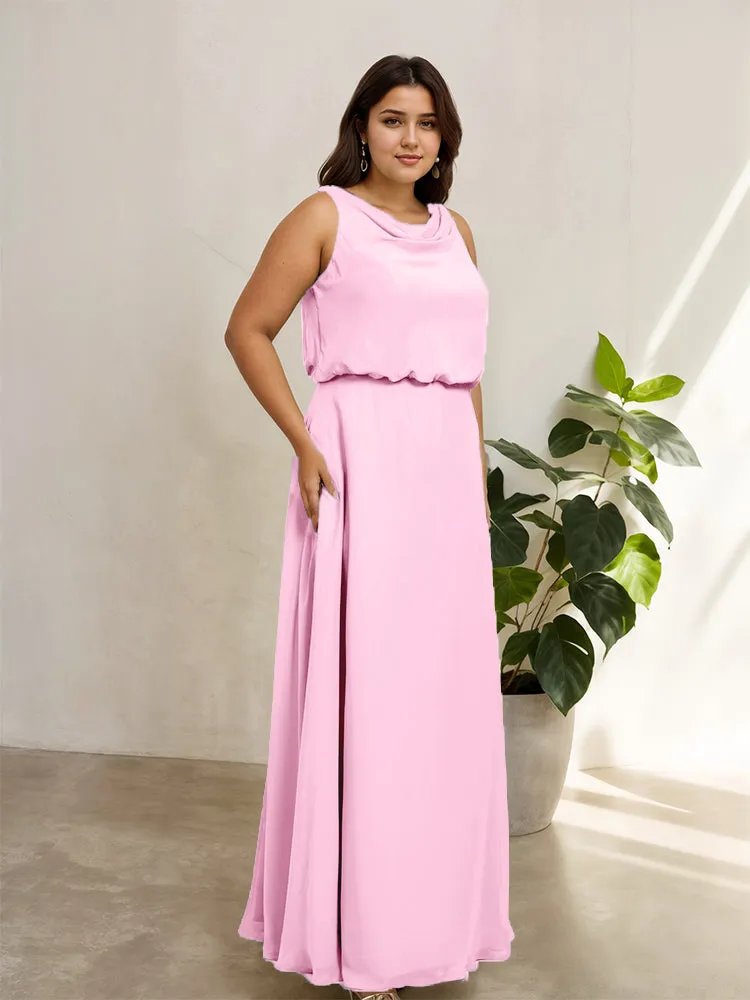 Sleeveless Cowl Neck Chiffon Plus Size Floor Length Bridesmaid Dresses