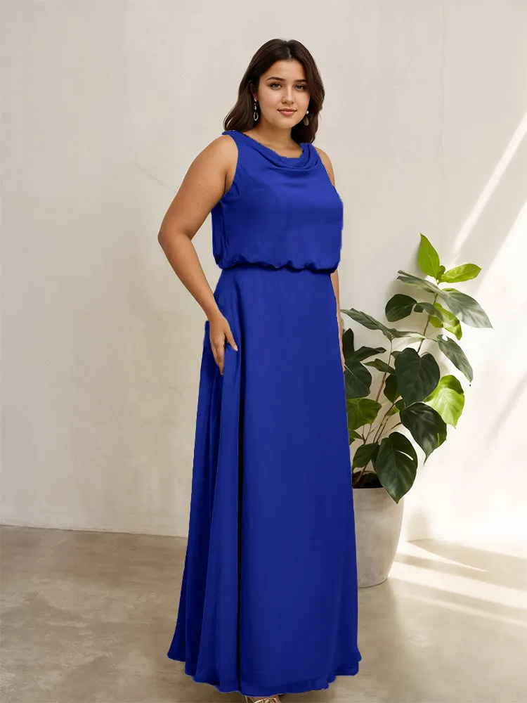 Sleeveless Cowl Neck Chiffon Plus Size Floor Length Bridesmaid Dresses