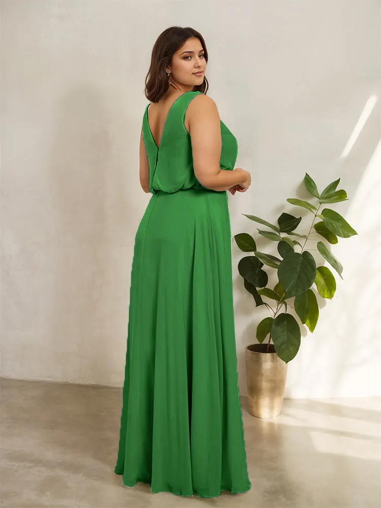 Sleeveless Cowl Neck Chiffon Plus Size Floor Length Bridesmaid Dresses