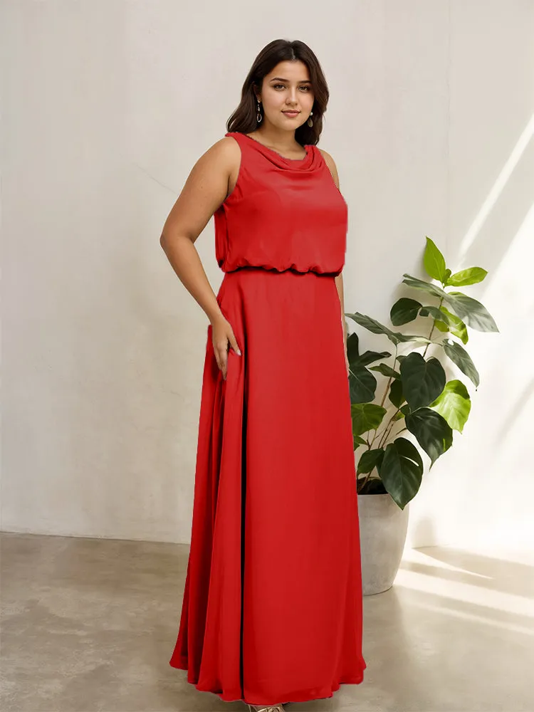 Sleeveless Cowl Neck Chiffon Plus Size Floor Length Bridesmaid Dresses