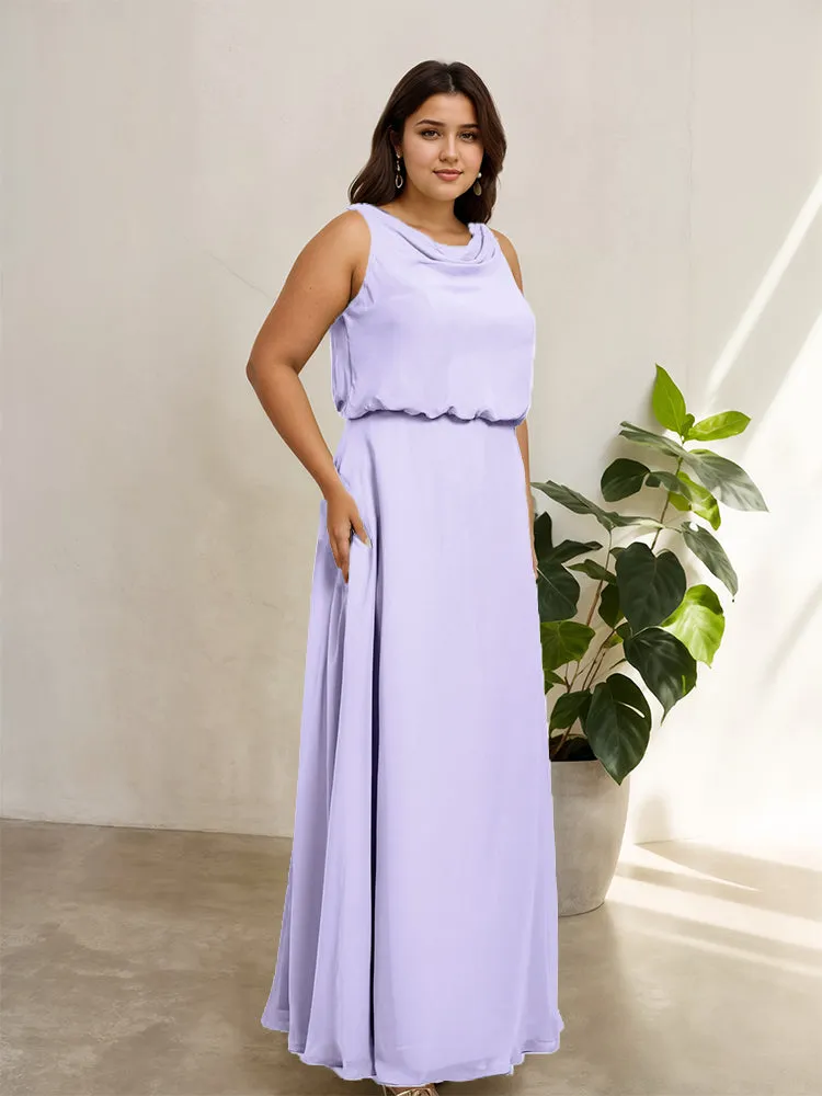 Sleeveless Cowl Neck Chiffon Plus Size Floor Length Bridesmaid Dresses