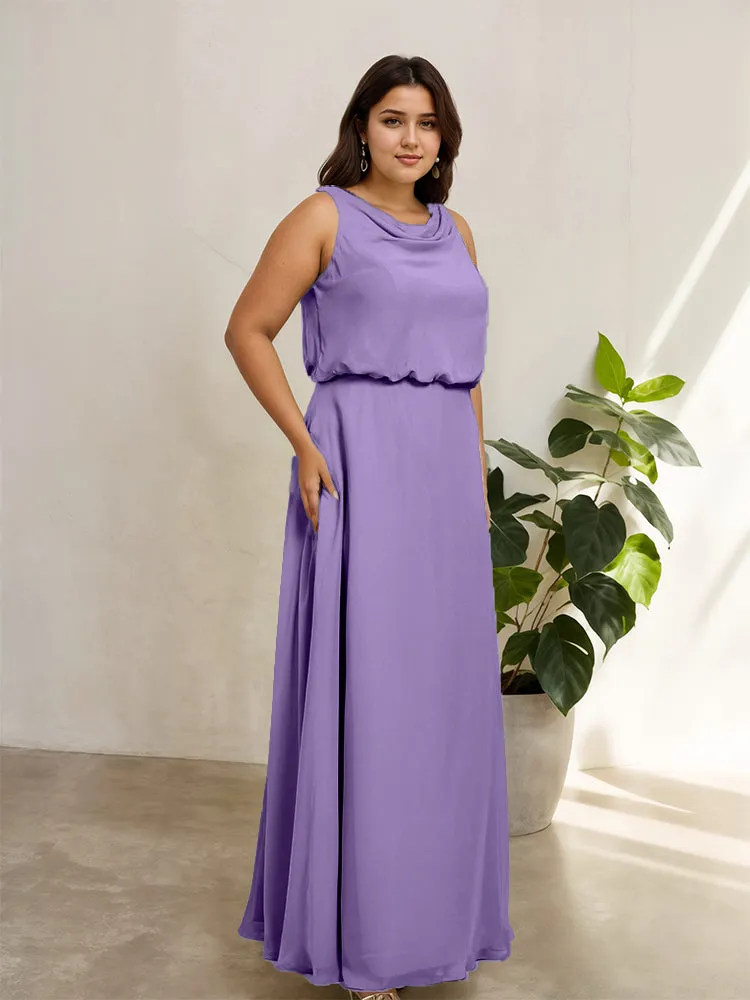 Sleeveless Cowl Neck Chiffon Plus Size Floor Length Bridesmaid Dresses