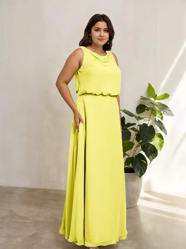 Sleeveless Cowl Neck Chiffon Plus Size Floor Length Bridesmaid Dresses
