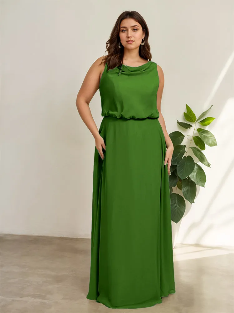 Sleeveless Cowl Neck Chiffon Plus Size Floor Length Bridesmaid Dresses