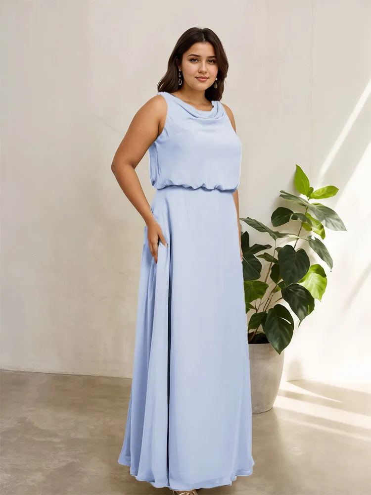 Sleeveless Cowl Neck Chiffon Plus Size Floor Length Bridesmaid Dresses