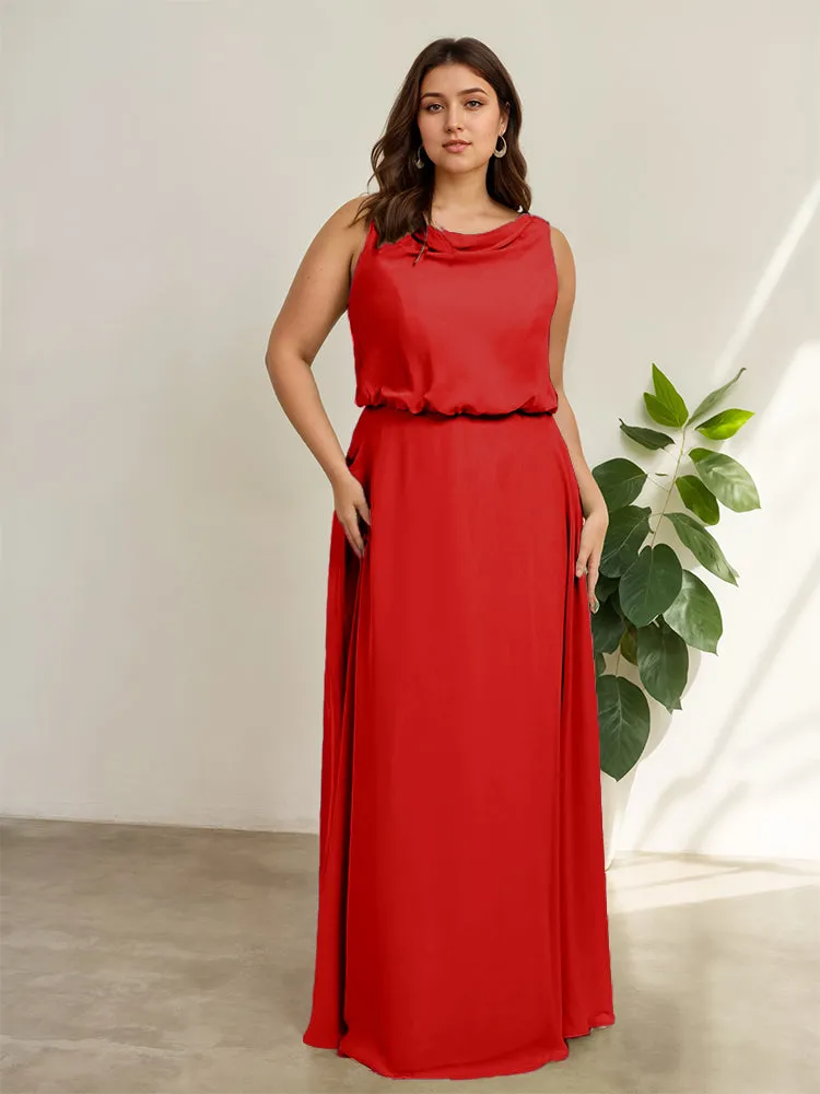 Sleeveless Cowl Neck Chiffon Plus Size Floor Length Bridesmaid Dresses