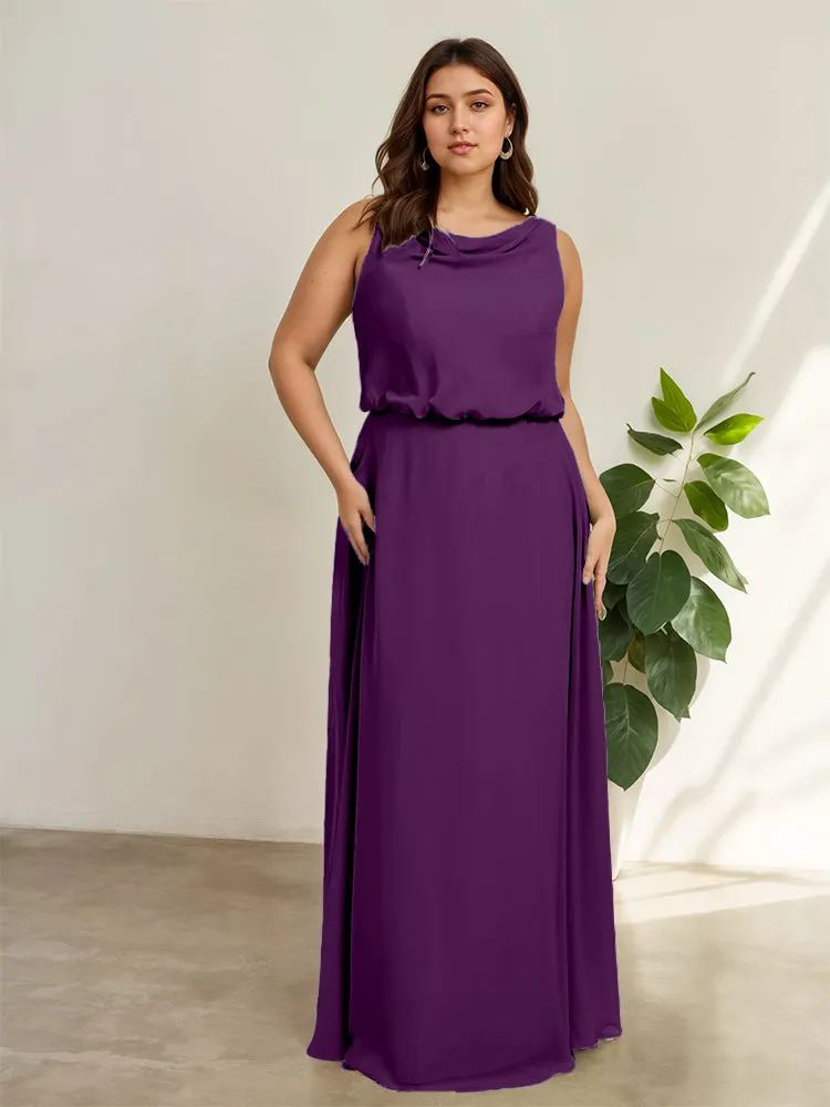 Sleeveless Cowl Neck Chiffon Plus Size Floor Length Bridesmaid Dresses