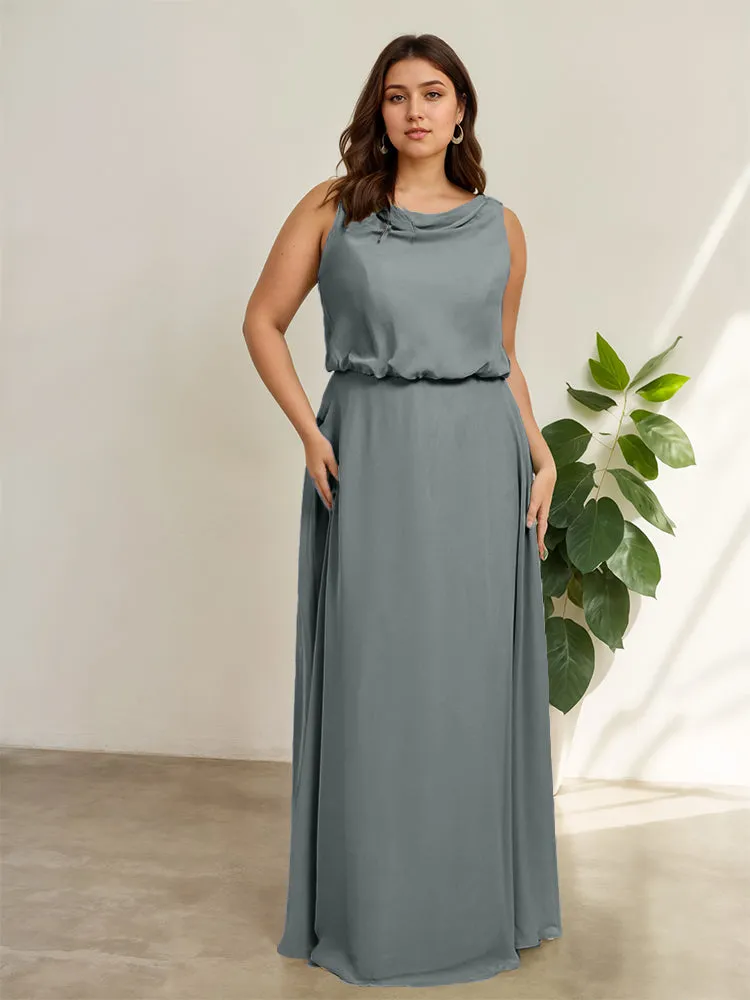 Sleeveless Cowl Neck Chiffon Plus Size Floor Length Bridesmaid Dresses