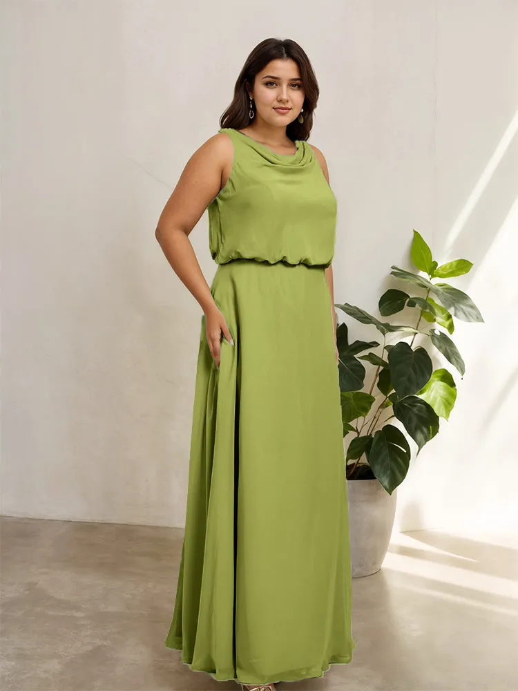 Sleeveless Cowl Neck Chiffon Plus Size Floor Length Bridesmaid Dresses