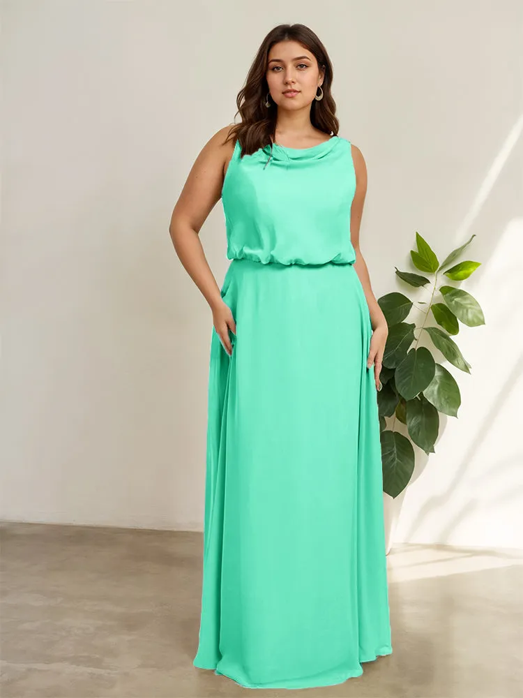 Sleeveless Cowl Neck Chiffon Plus Size Floor Length Bridesmaid Dresses
