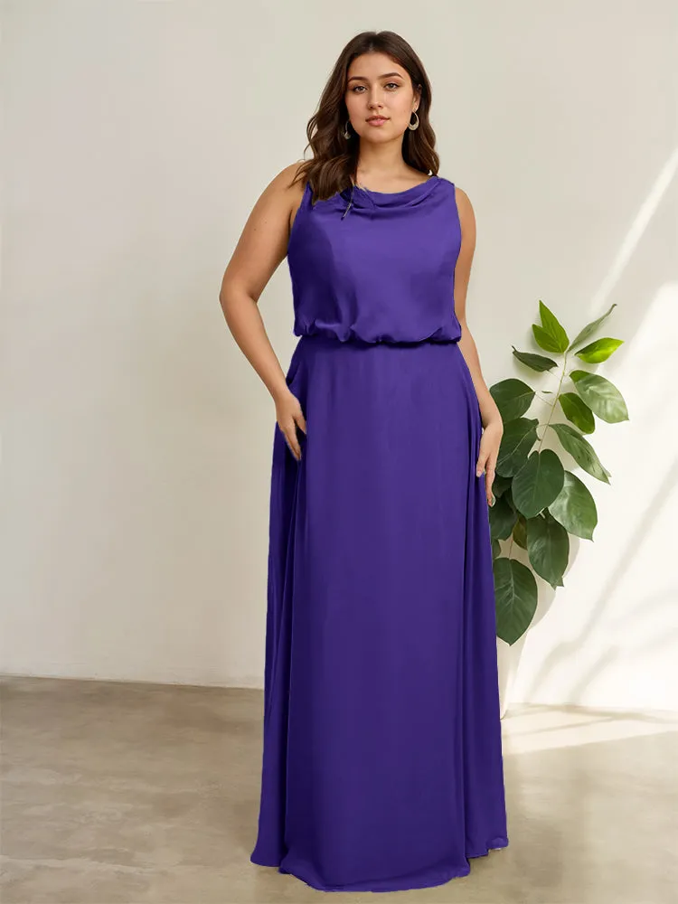 Sleeveless Cowl Neck Chiffon Plus Size Floor Length Bridesmaid Dresses