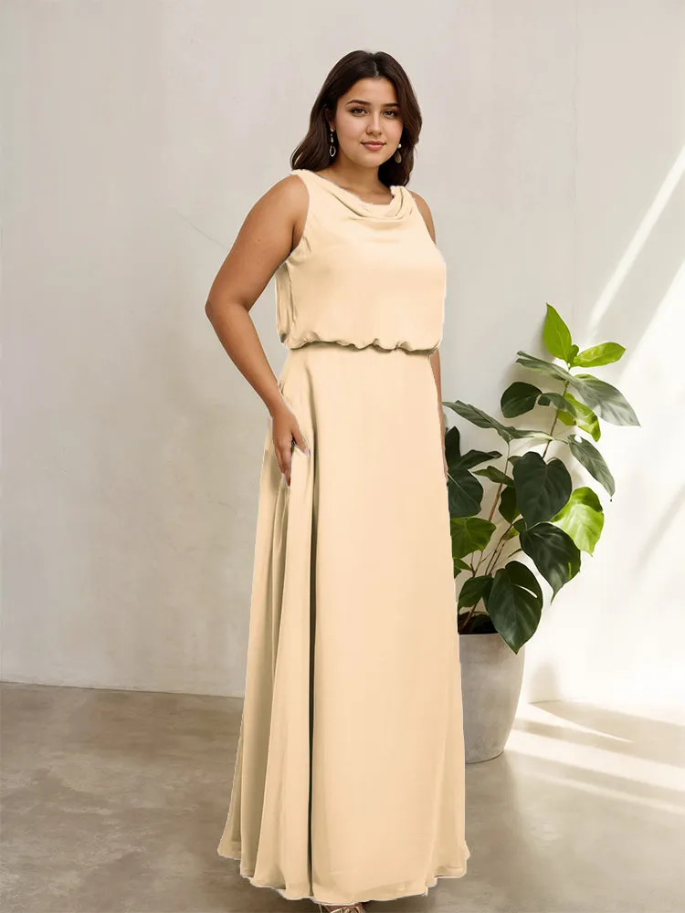 Sleeveless Cowl Neck Chiffon Plus Size Floor Length Bridesmaid Dresses