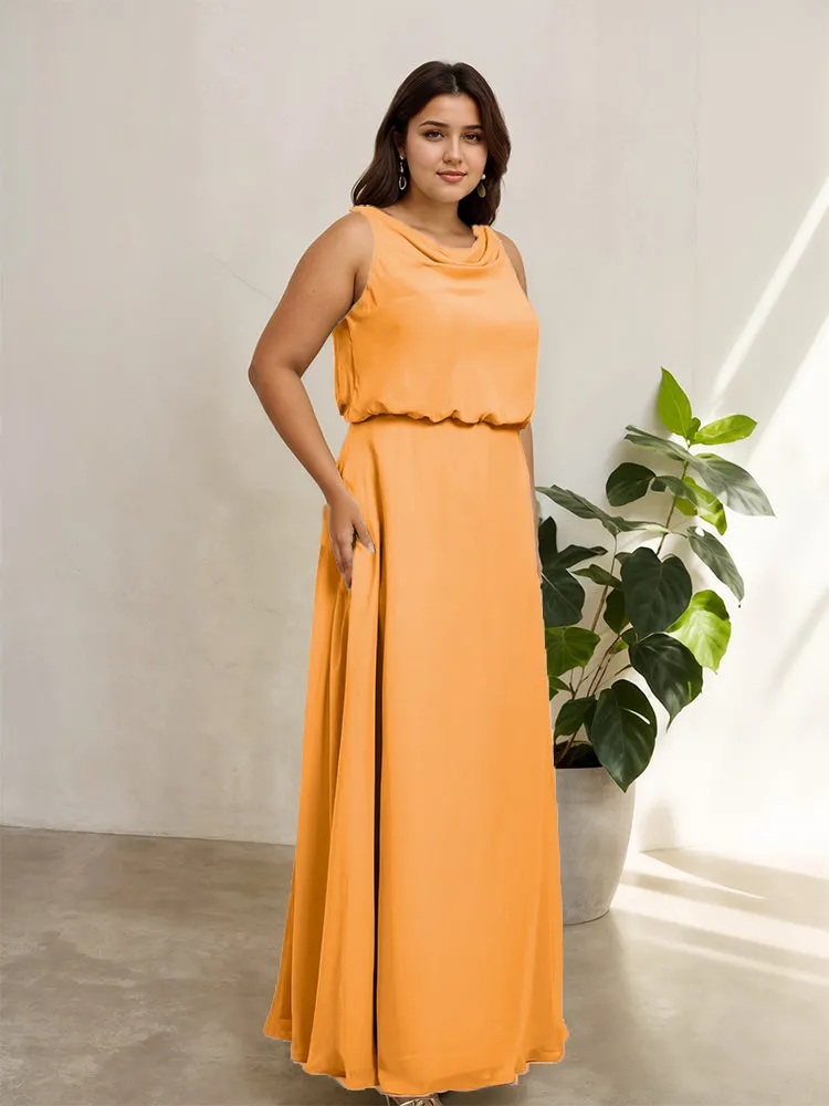Sleeveless Cowl Neck Chiffon Plus Size Floor Length Bridesmaid Dresses